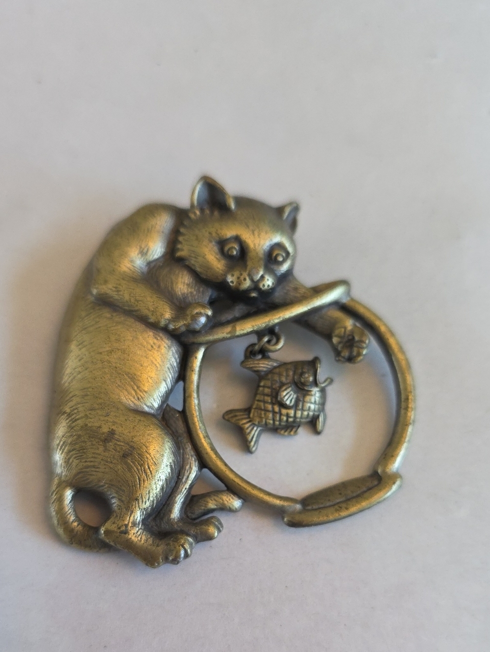 Signed JJ vintage Cat and Fish Brass-Effect Brooch